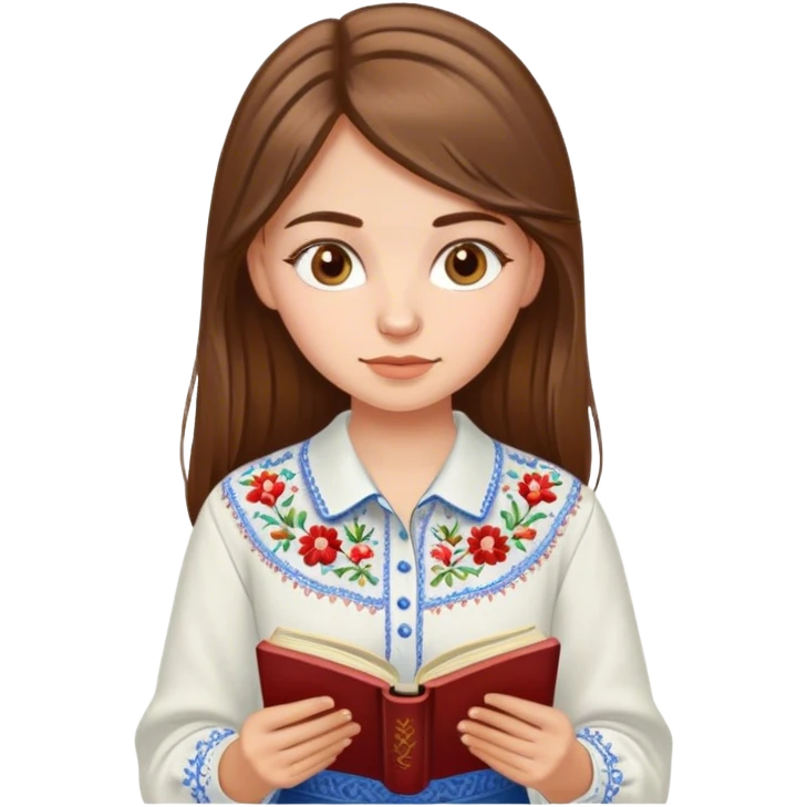 A Ukrainian girl with brown hair in an embroidered shirt reads a book emoji