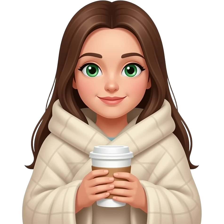 girl with long straight brown hair and green eyes wrapped in a light beige blanket with a coffee in hand emoji