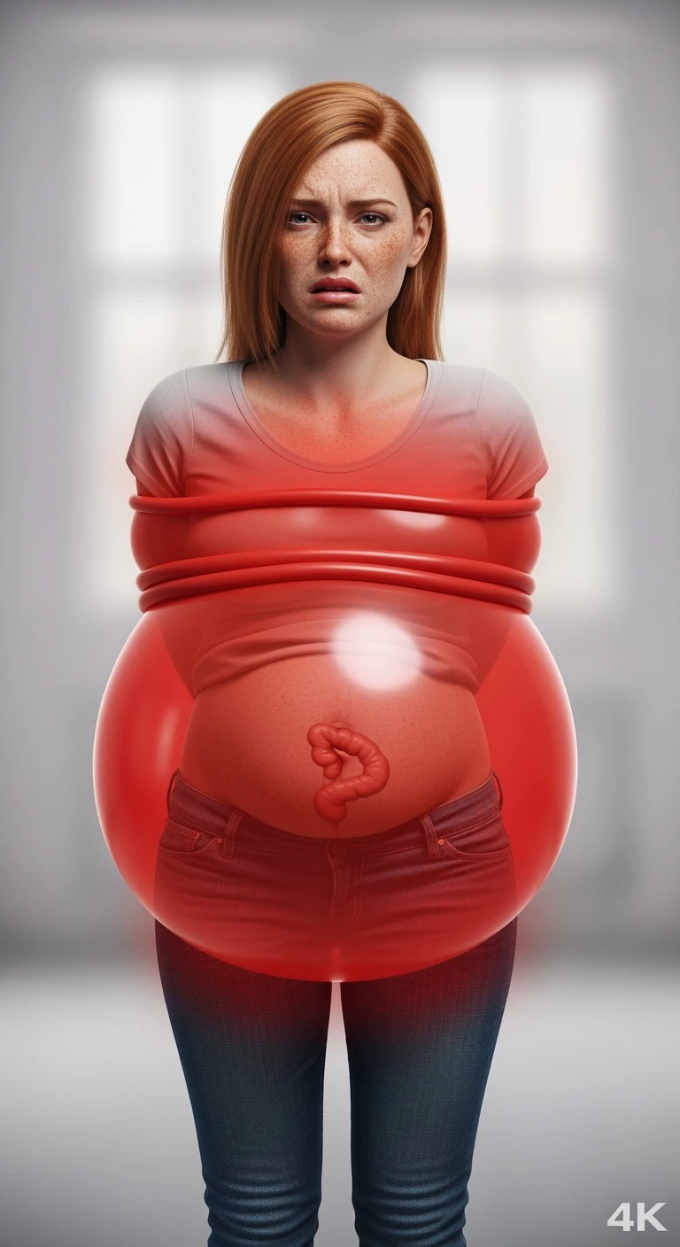 DONNA CON GONFIORE DI PANCIA E INTESTINO CHIUSO IN UN PALLONCINO ROSSO, ESPRESSIONE DI DOLORE IN VOLTO, IPERREALISTICA 4K emoji