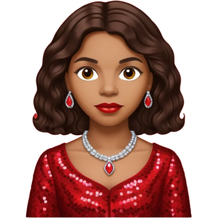Marian Anderson with dark brown wavy hair, red sequin outfit emoji