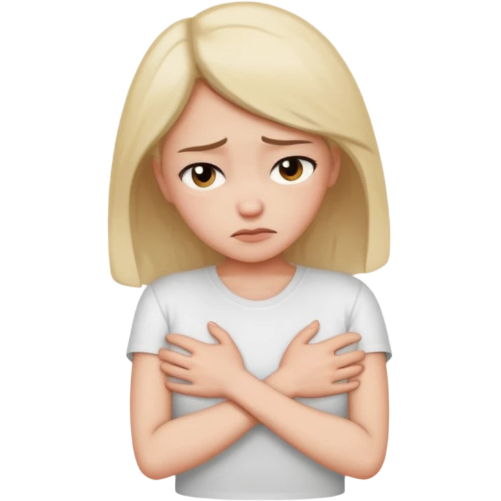 женщина обнимает себя как будто "держит себя в руках", нахмурена emoji