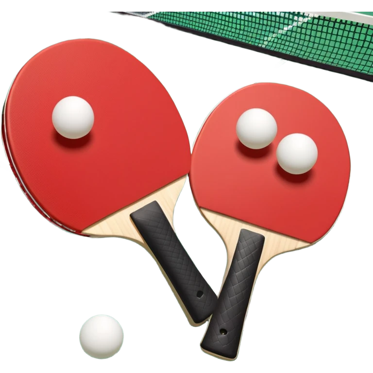 Two table tennis paddles and a ball placed on a ping pong table, with the net in the background. The scene conveys the simplicity and focus of the sport, with vibrant colors highlighting the rackets and ball on the smooth surface of the table. emoji