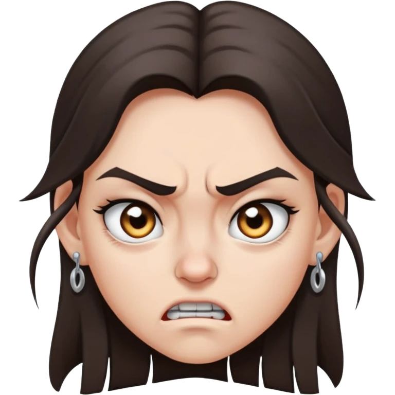angry girl with long dark brown hair, grey eyes, nose earring on right, pierced ears emoji