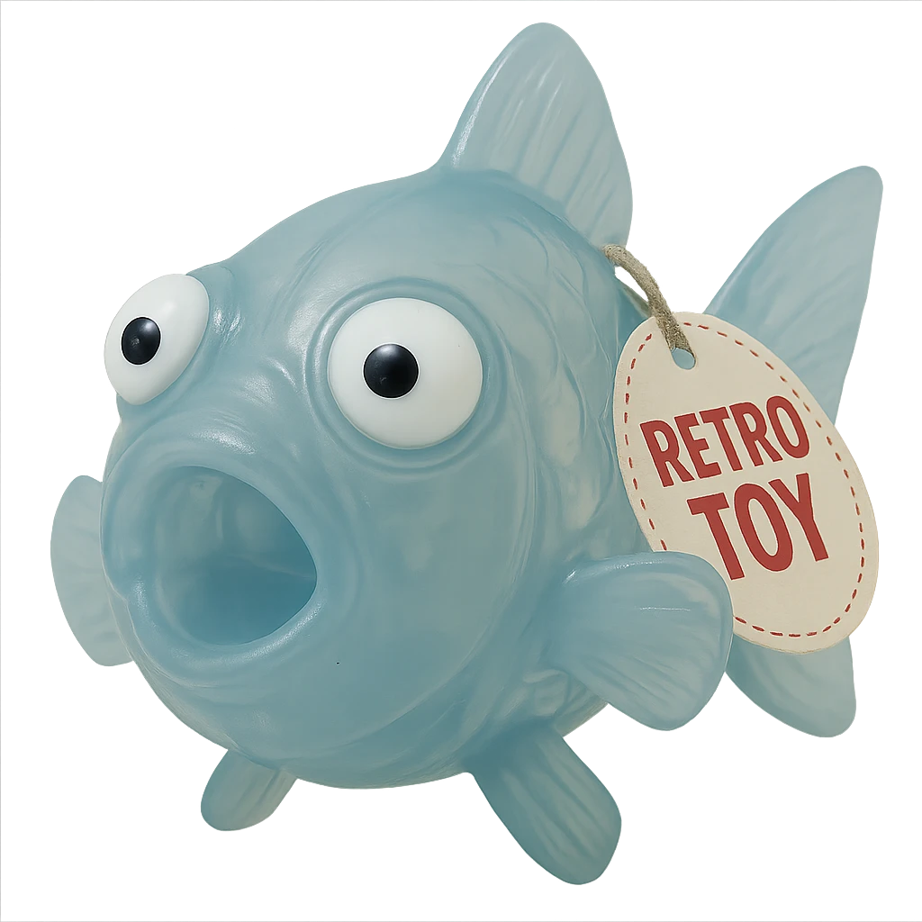 Add a retro toy tag on the fin. Make the body see-through, semi-transparent plastic with a blue tint. Eyes going opposite ways, looking straight at the camera. No background. Hyper-detailed, soft plastic 90's toy look, soft reflections, soft and squishy, some cloudiness, not shiny, highly detailed, appealing. Style: soft plastic 90's toy look. emoji