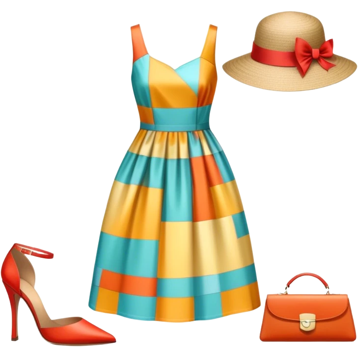 Icon for Fashion Design: a pattern of a bright, beautiful dress with measurements, a ruler, and pencil, along with a hat, shoes, and a handbag. The icon should represent fashion design with attention to detail and style. Transparent background. emoji