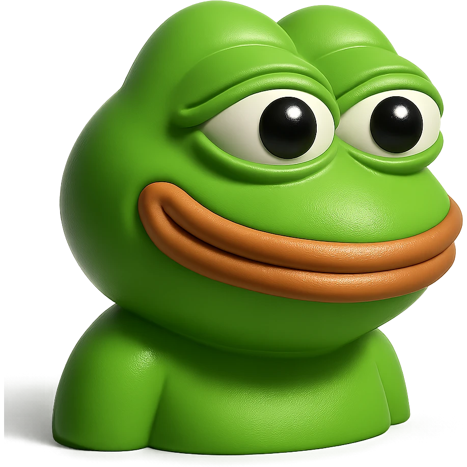 make a pepe in bright green smiling with thought bubble looking at right side in 3d style, good highlights and shadows, drop shadows emoji