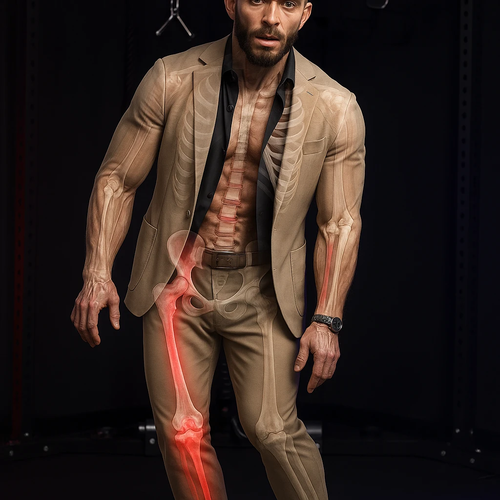 Realistic man standing in a gym, pose as in the reference, pelvis tilted, knee in valgus, and pronated foot. Visible skin and muscles, some translucent areas partially showing bones and joints involved (pelvis, knee, foot). Kinetic chain from pelvis to foot highlighted. Natural expression, clothing similar to the reference, hyperrealistic 4K details, gym environment. Variant 6. emoji