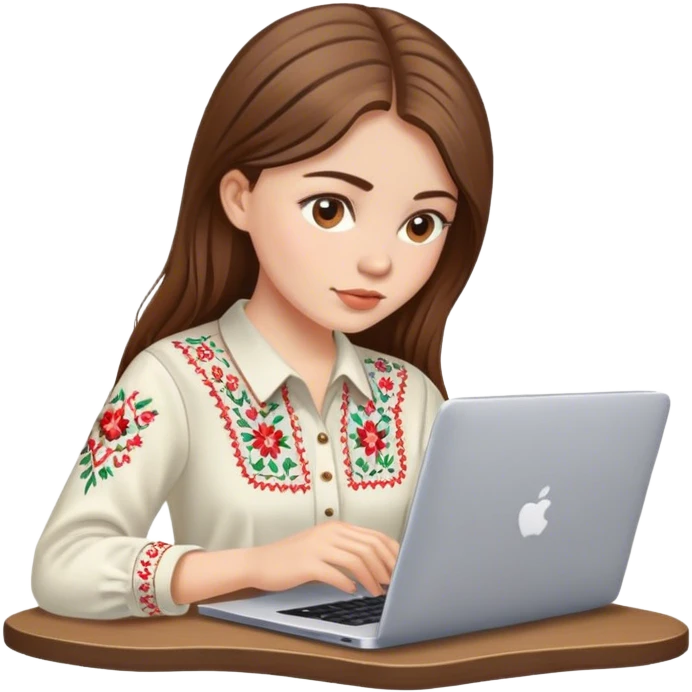 A Ukrainian girl with brown hair in an embroidered shirt works at her laptop emoji