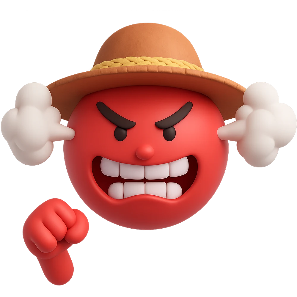 Remove the things in the mouth but keep the red angry emoji with grinding teeth, steam coming out of ears and nose, noose in the background, punching air, wearing a Chinese straw hat. The background should be removed. Maintain the style of the original image. emoji