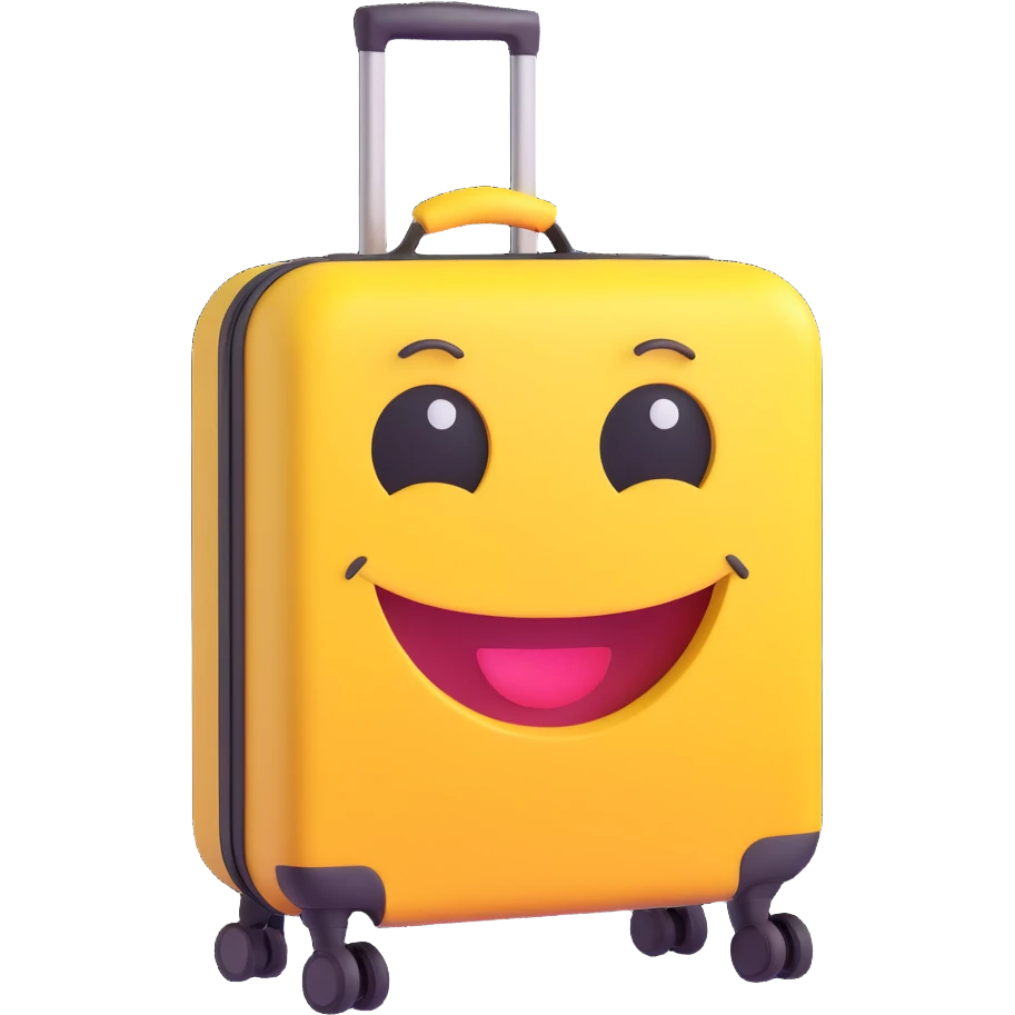 3D smiley emoji, nagy szempillás, bőrönddel, utazós emoji
