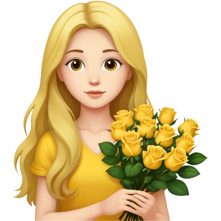 Beautiful girl with long hair holding a bouquet of yellow roses emoji