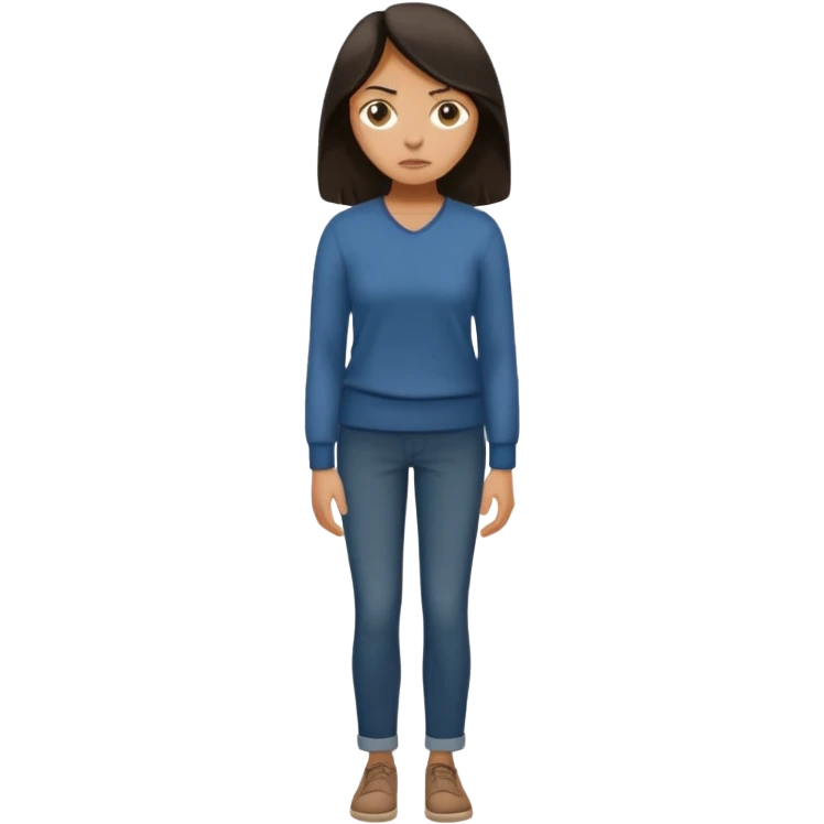 "Cartoon emoji of a woman with long, loose dark hair, wearing plain, simple clothes. Full-height, standing, nervous, unsure, worried expression. Slightly hunched, anxious posture. Smooth, simple, stylized." emoji