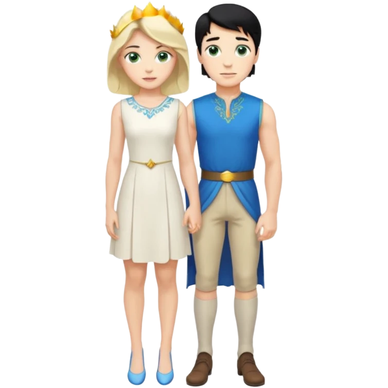 prince, standing upright, black Hair, blue eyes, garment,  woman, bending knee, white sleveless dress, blonde hair, green eyes, emoji