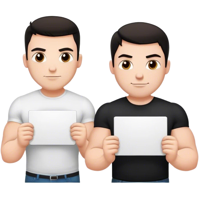One large white muscular man with dark hair and a white shirt one and white thin man wearing a black shirt each holding a sign that says best friends forever  emoji