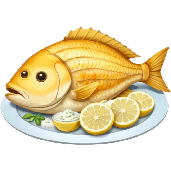 Create a realistic fried fish piece served with sauce & garnish. emoji