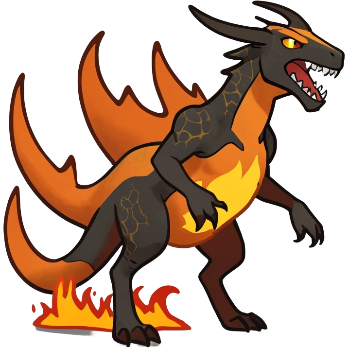 Copper-Bronze Molten-Lava Glow-Cracked Fiery-Runed Draconic Houndoom-Garchomp-hybrid-creature (full body) emoji