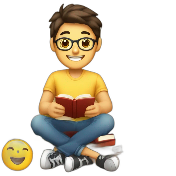 joven estudiante con muchos libros, sonriente y muy feliz con un libro en sus manos y en su cabeza, junto a muchos libros y una lampara emoji
