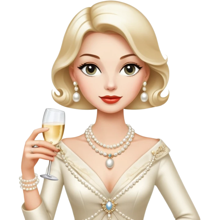 Elegant Western socialite with designer clothes, pearl necklace, champagne glass, luxury lifestyle emoji