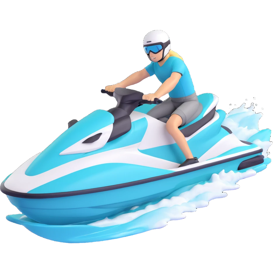white and turquoise jet ski, angled perspective, dynamic emoji