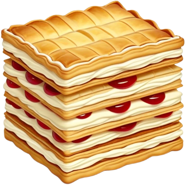 mille-feuille-cinematic-realistic-mille-feuille-dessert-emoji,-depicted-as-a-rectangular delicate-pastry-composed-of-two-crisp-layers-of-puff-pastry-with-a-rich-cream-filling,-rendered-with-intricate-textures-and-elegant,-soft-lighting. Please only show two layers only. emoji