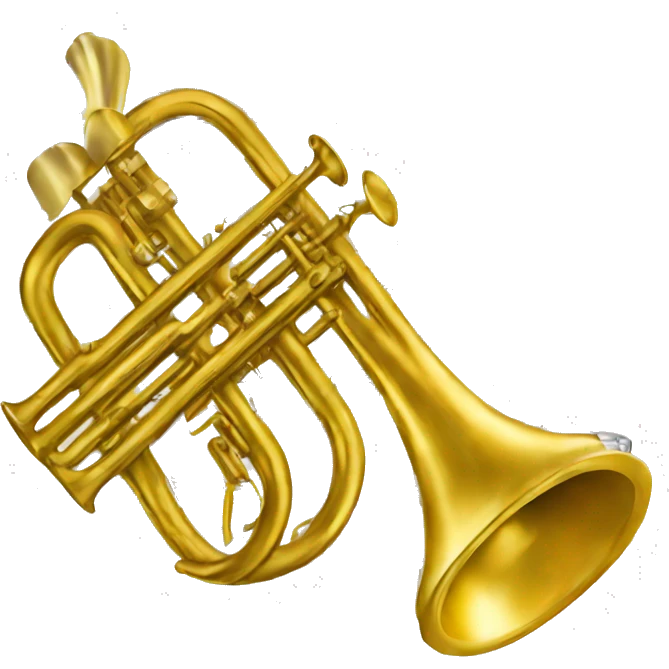 A golden trumpet with a golden mouthpiece. There a ermutig notes coming from the bottom out of the trumpet.  emoji