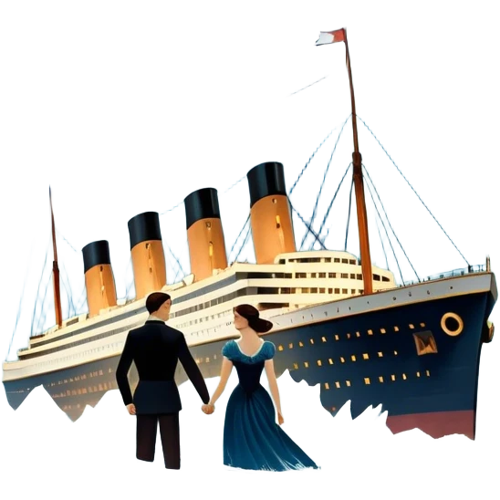 Icon for Titanic Movie: A vintage movie poster-style design featuring a dramatic scene of the ship, the iceberg, and a romantic silhouette of the main couple. Include elements like the ship’s bow, water splashes, and a starry sky in the background. Retro cinematic feel. Transparent background. emoji