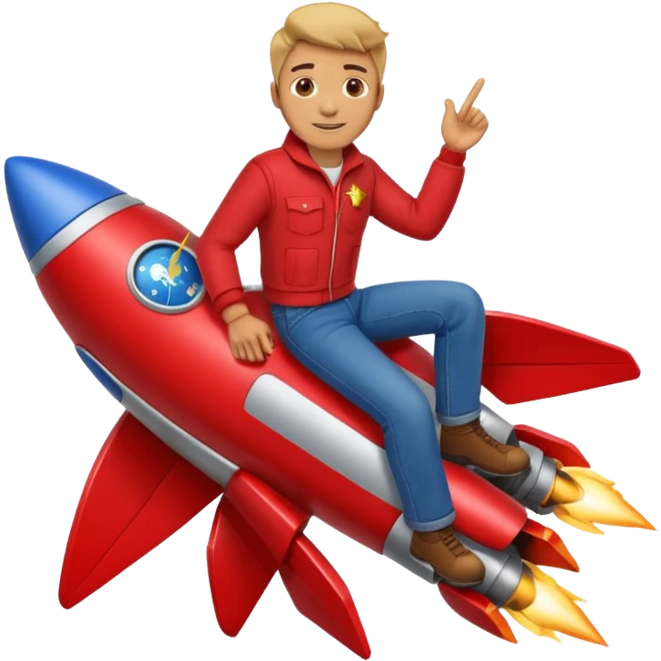 man with red clothes and blue yeanse. sitting on a rocket emoji