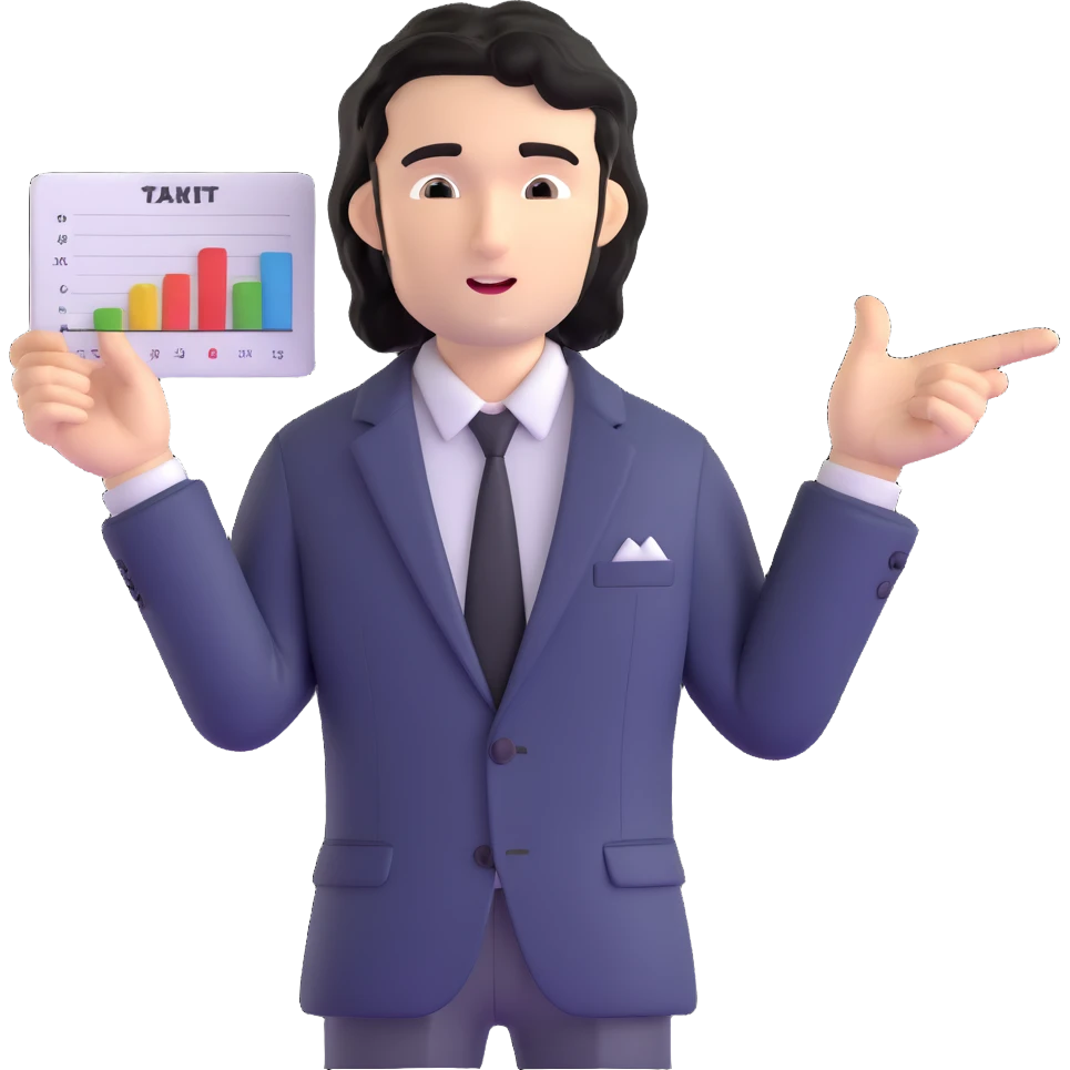 Business strategist man with black wavy hair, stubble, chiseled face, wearing blazer and button-up shirt, standing and pointing at charts while consulting with seated clients, confident leadership expression emoji