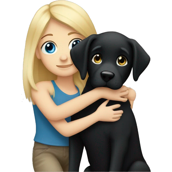 Blonde haired blue eyed girl hugging black lab emoji