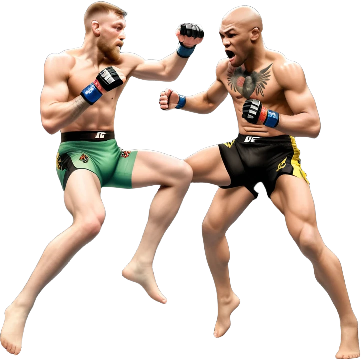An MMA showdown between Conor McGregor and Anderson Silva in the octagon. McGregor is executing a jumping strike, while Silva skillfully deflects the attack. The background shows the UFC octagon with roaring fans and vibrant energy. Transparent background. emoji
