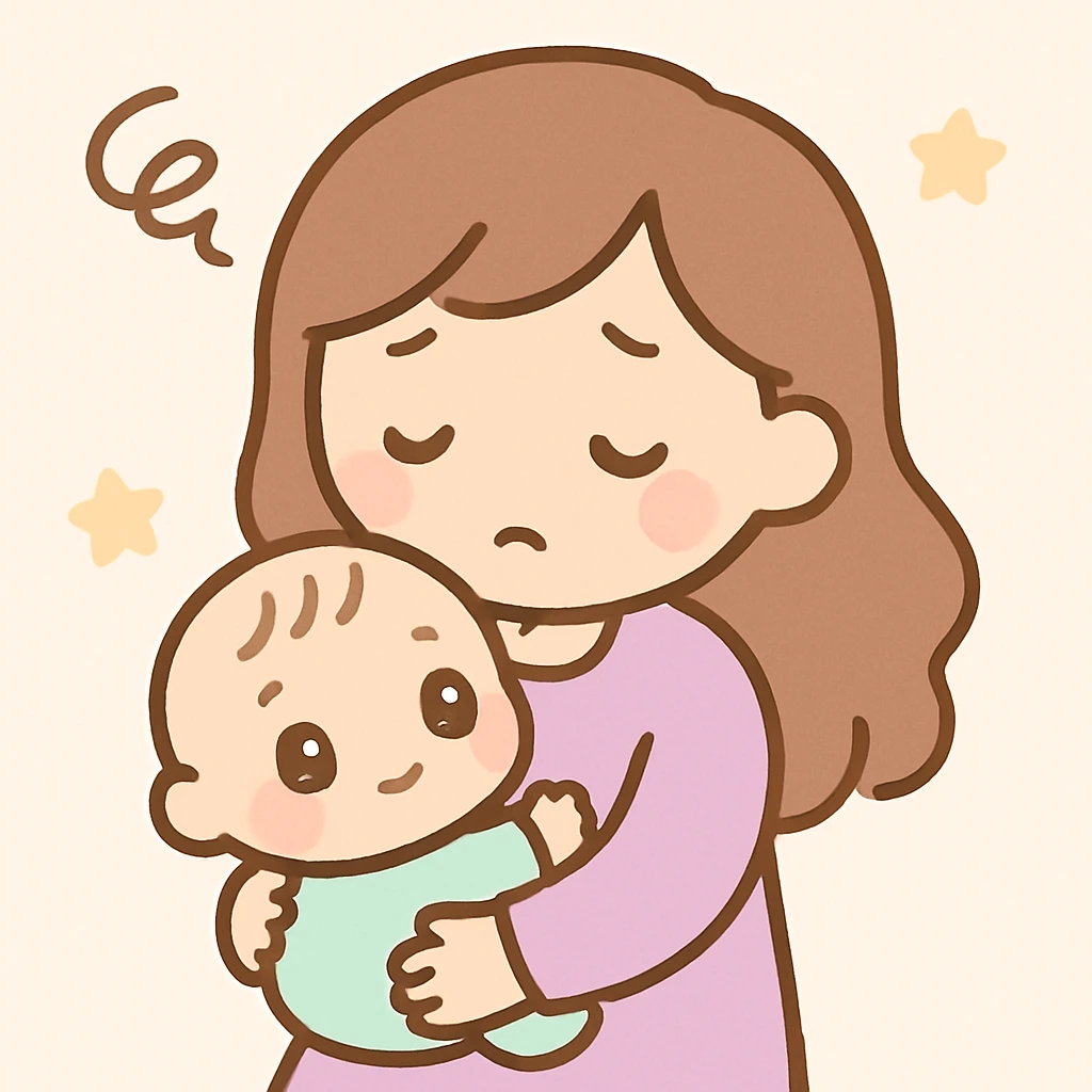 a tired woman holding a baby, soft, gentle illustration style emoji