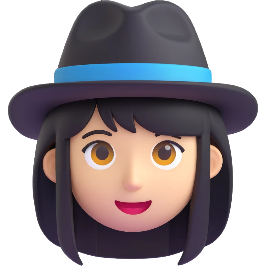 face with a black hat and long side bangs, 3d emoji style emoji