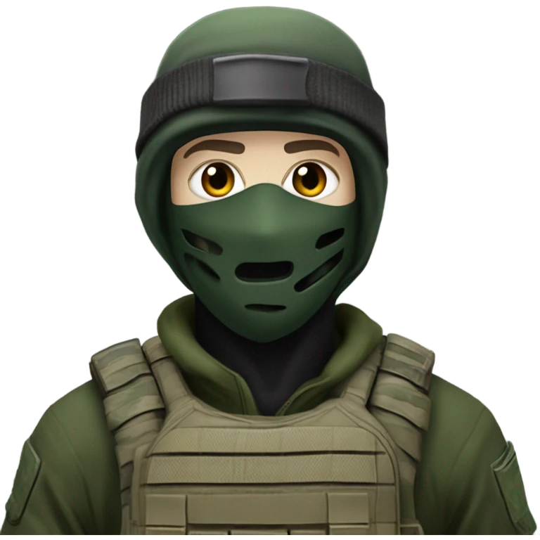 white male, pale skin, call of duty dark mask, green camo tactical gear, combat boots, black beanie, hazel eyes emoji