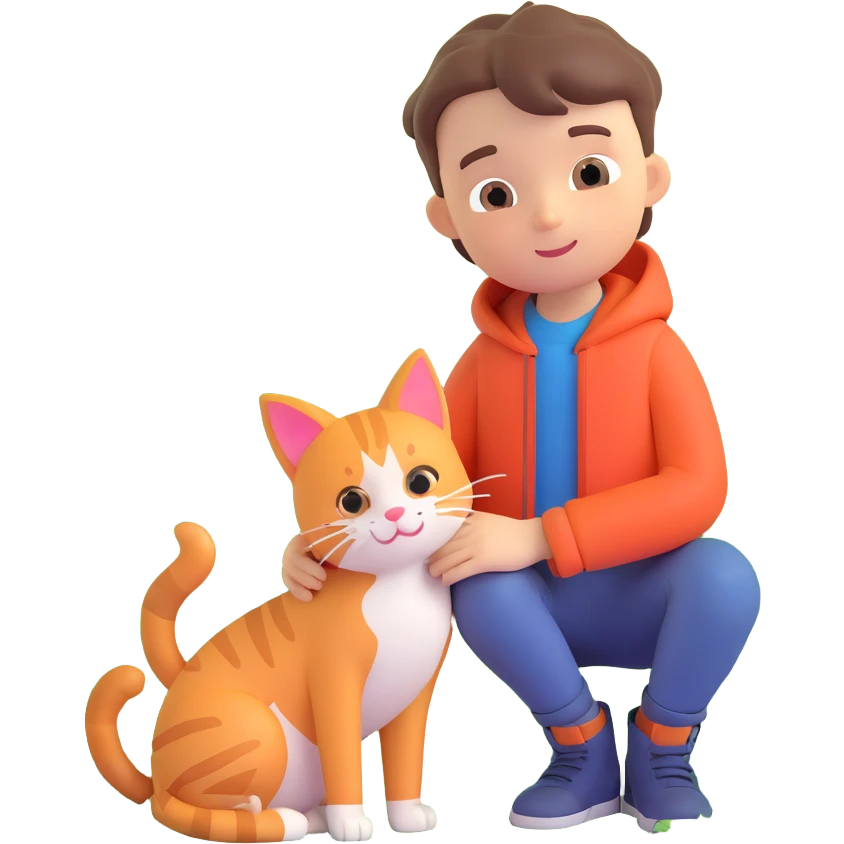 boy and cat pet in forrest background, close up pose emoji