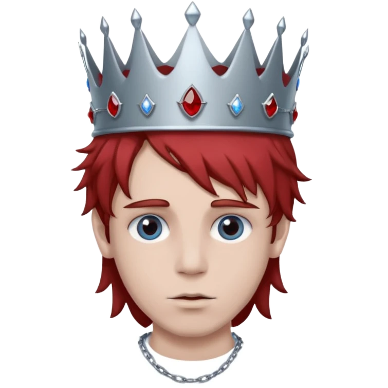 grey boy head with right eye blue and left eye red. he has messy brown hair and a silver crown with rubies on it emoji