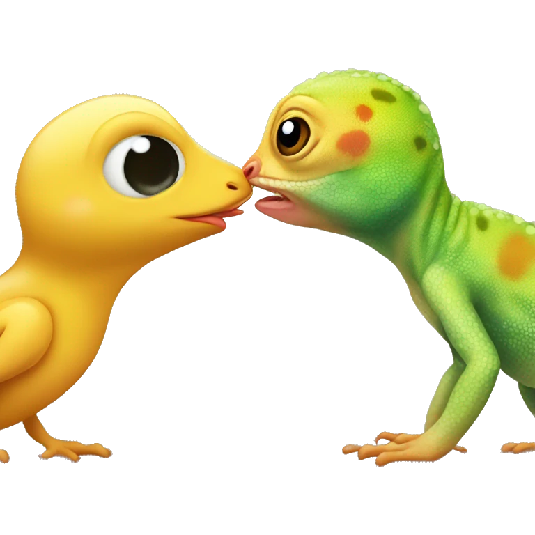a cute gecko and a cute baby chicken kissing emoji