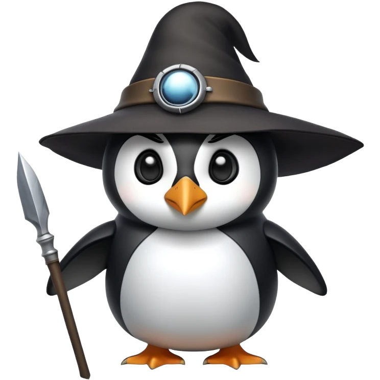 Penguin dressed as Odin with one eye, wearing a wide-brimmed hat and holding a spear emoji