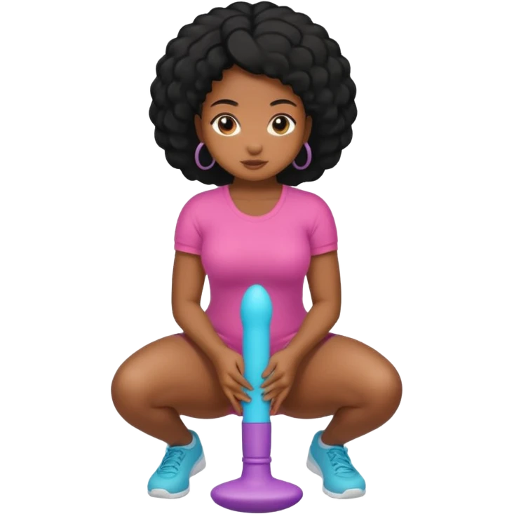 Full body. Black Naked girl. squatting. Squatting onto dildo. Positioned over dildo. Naked girl vaginally penetrated by dildo emoji
