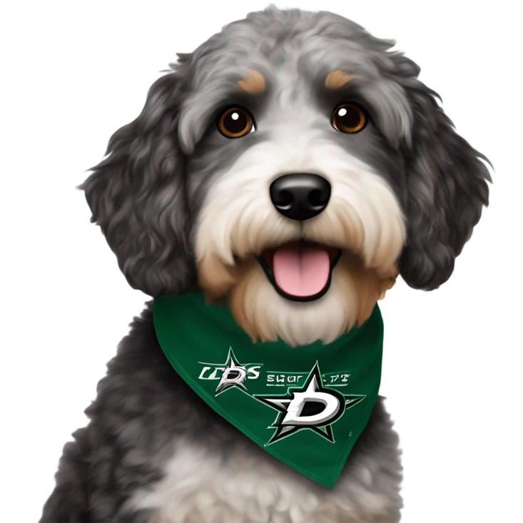 Aussiedoodle wearing a neck bandana with the NHL Dallas Stars hockey team logo emoji