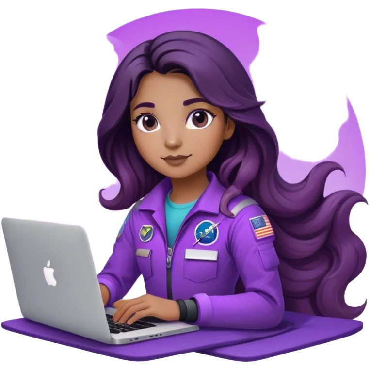 girl astronaut with purple suit, lashes, long ombre black/brown wavy hair and one macbook emoji