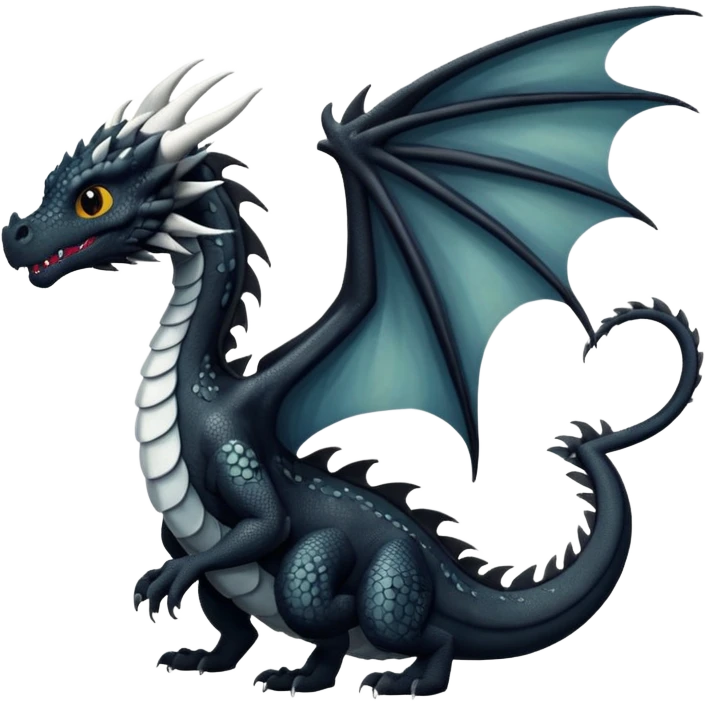 A dragon that is  black 🖤 with white spots. HUGE wings and a tail emoji