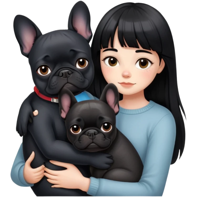 girl with long black  straight bangs hair and hugging one Black French Bulldog emoji