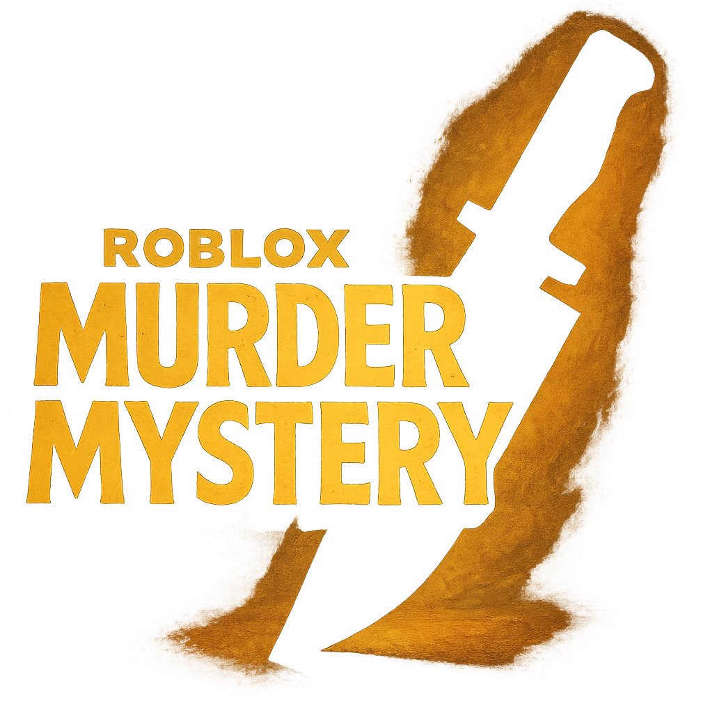 Roblox Murder Mystery logo with dramatic lighting, knife silhouette, ghibli style emoji