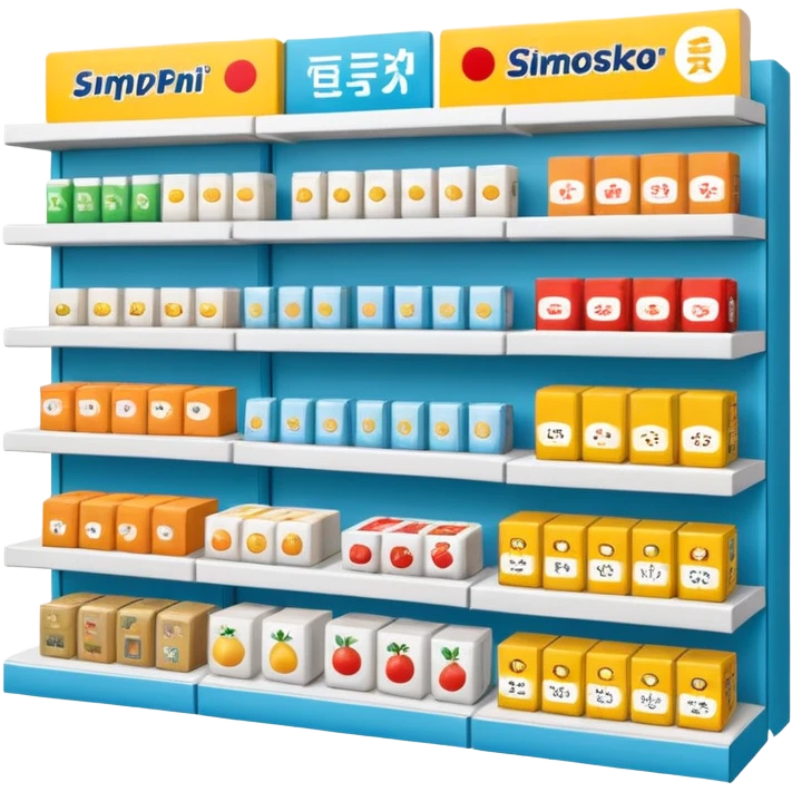 "Minimalist Japanese retail shelf display, identical products placed directly behind one another (same items stocked in depth), different product types arranged side by side, clean spacing, precise symmetry, soft neutral lighting, front-facing packages, ultra-detailed." emoji