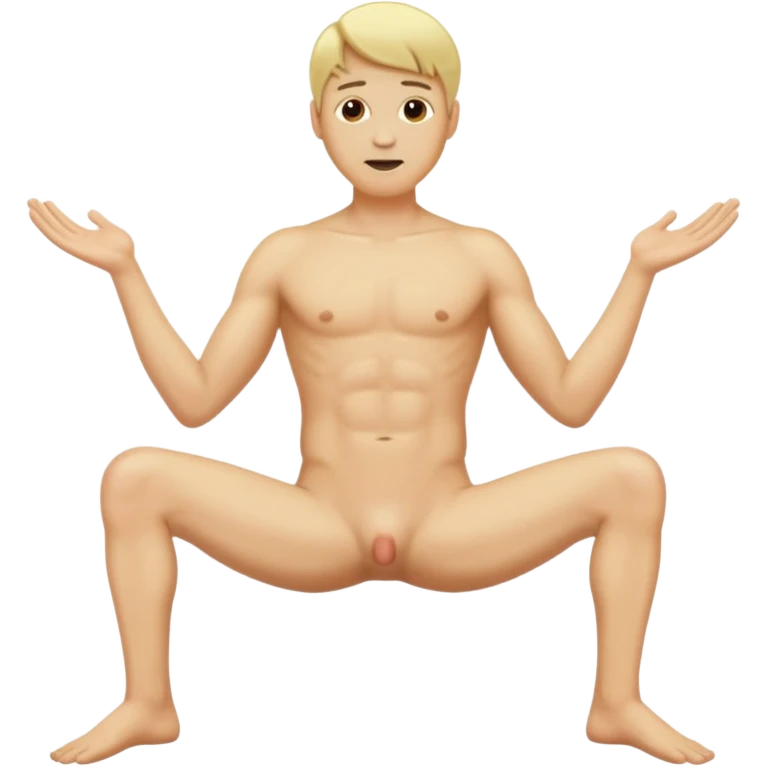 Naked blonde man with legs spread and penis showing emoji