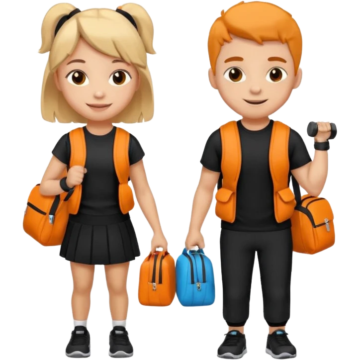 light skin students girl and boy with school bag full of books on back and dumbell in hand. Clothes are in black and orange colours. They are going to the gym emoji