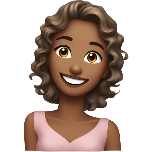 An emoji of a smiling woman with wavy, shoulder-length hair, wearing sparkling eye makeup and a soft, friendly expression. One hand gently touches her face, showcasing her elegance and joy emoji