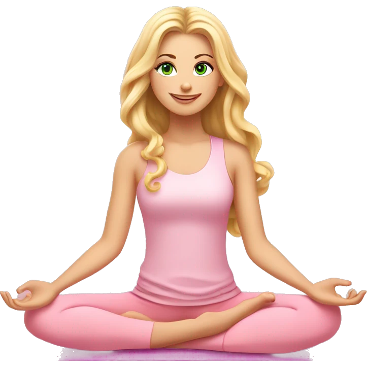 blonde long curled hair and green eyes yoga beautiful girl in light pink pink pink clothes sitting on a yoga mat emoji