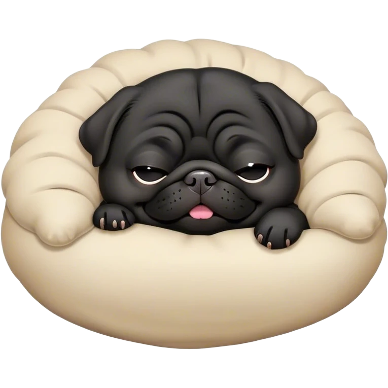Cinematic Meme-Worthy Chubby Sleeping Black Pug Portrait Emoji, Head resting peacefully with a contented smile, showcasing a delightfully chubby build and a luxuriously soft black coat, eyes shut in a serene nap, Simplified yet hilariously adorable features, highly detailed, glowing with a soft, drowsy light, high shine, relaxed and utterly lovable, stylized with an air of playful laziness, bright and heartwarming, soft glowing outline, capturing the essence of a comically sleepy companion, so meme-worthy it feels like it could instantly become the next viral sensation of adorable slumber! emoji