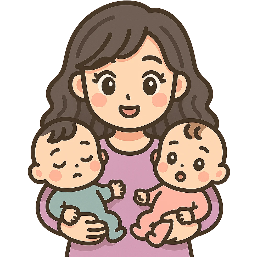 cute young woman with expressive facial features and eyes, long wavy hair, holding two babies in bodysuits, icon-color-outlined style, detailed shadows and highlights, thin clean contours, soft rounded shapes, pastel palette #98B5BC, #B5B3C1, #C9A3C9, #E4C0CA, #F7DCD1, #F7C0AA, modern Japanese pop art and sticker aesthetic, soft lighting, transparent background emoji